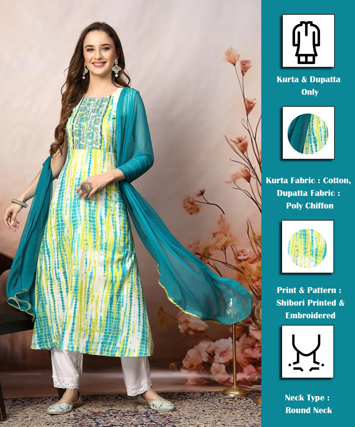 Stylum Women's Lime Green Shibori Printed & Embroidered Rayon A-Line Kurta Dupatta Set (KDLIMELIMCA)