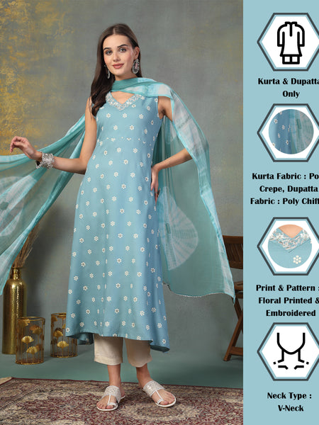 Stylum Women's Sky Blue Floral Printed & Embroidered Rayon A-Line Kurta Dupatta Set (KDSKYRASNA)