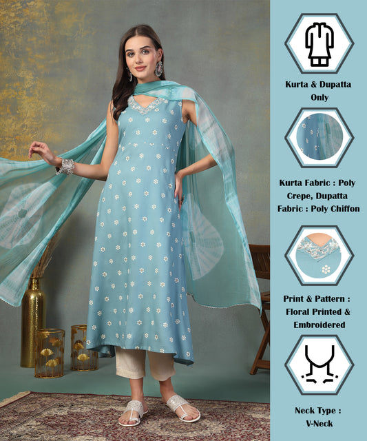 Stylum Women's Sky Blue Floral Printed & Embroidered Rayon A-Line Kurta Dupatta Set (KDSKYRASNA)