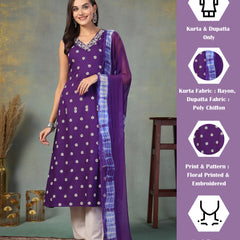 Stylum Women's Violet Floral Printed & Embroidered Rayon A-Line Kurta Dupatta Set (KDVOILRASNA)