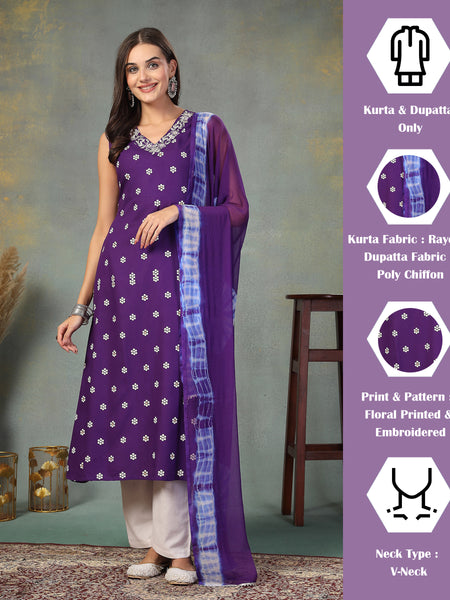 Stylum Women's Violet Floral Printed & Embroidered Rayon A-Line Kurta Dupatta Set (KDVOILRASNA)