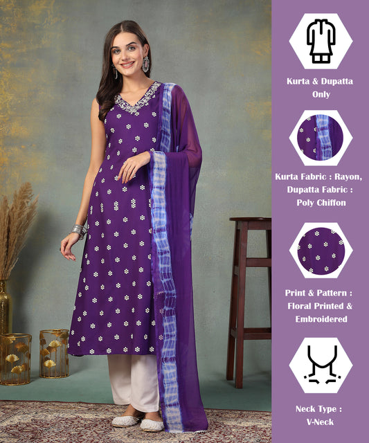 Stylum Women's Violet Floral Printed & Embroidered Rayon A-Line Kurta Dupatta Set (KDVOILRASNA)