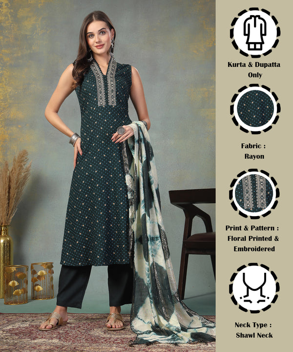 Stylum Women's Teal Khari Printed & Embroidered Rayon A-Line Kurta Dupatta Set (KDTEALWILLIAM)