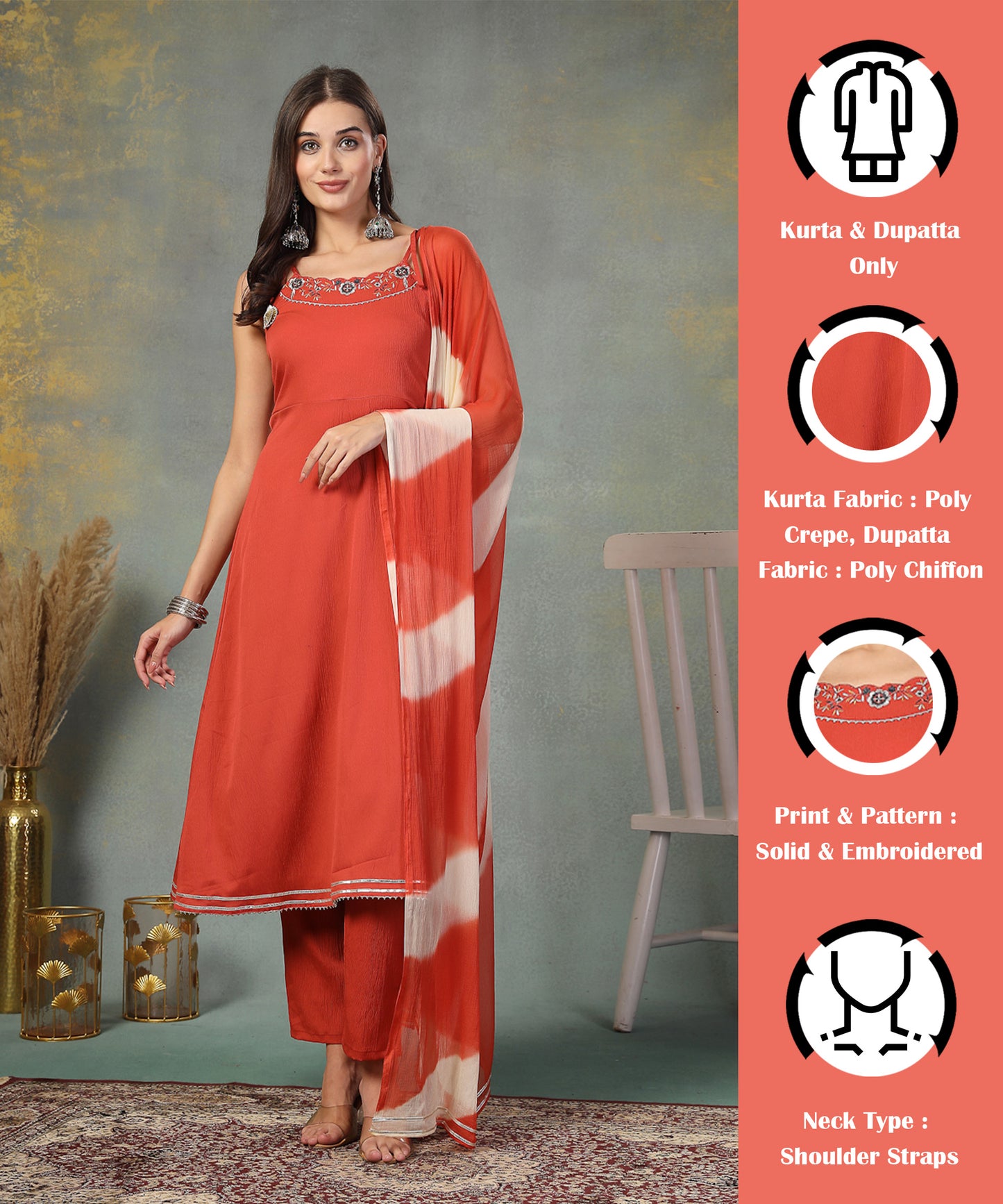 Stylum Women's Rust Solid & Embroidered Poly Crepe A-Line Kurta Dupatta Set (KDRUSTHASSAL)