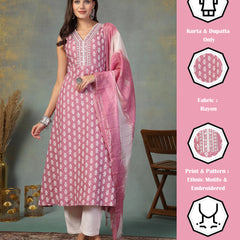 Stylum Women's Mauve Printed & Embroidered Rayon A-Line Kurta Dupatta Set (KDMAUVEMOKO)