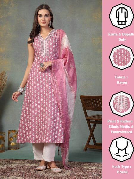 Stylum Women's Mauve Printed & Embroidered Rayon A-Line Kurta Dupatta Set (KDMAUVEMOKO)