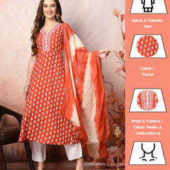 Stylum Women's Rust Printed & Embroidered Rayon A-Line Kurta Dupatta Set (KDRUSTMOKO)