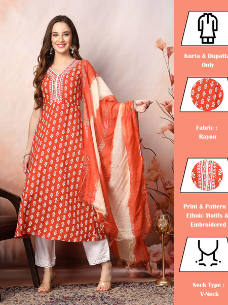 Stylum Women's Rust Printed & Embroidered Rayon A-Line Kurta Dupatta Set (KDRUSTMOKO)