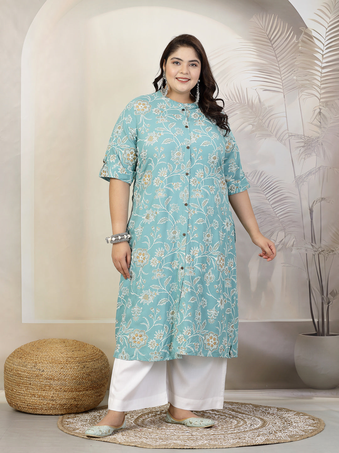 Stylum Plus Size Women Floral Print Rayon A-Line Kurta (FIONAAQUAPLUS)