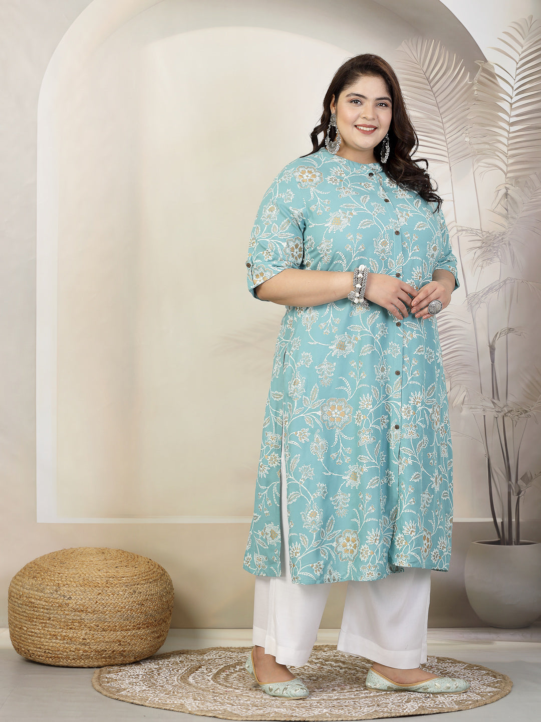 Stylum Plus Size Women Floral Print Rayon A-Line Kurta (FIONAAQUAPLUS)