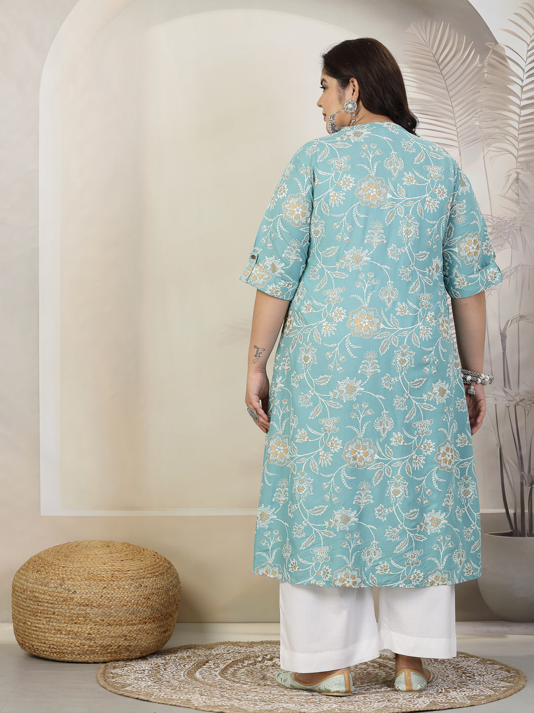 Stylum Plus Size Women Floral Print Rayon A-Line Kurta (FIONAAQUAPLUS)