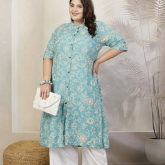 Stylum Plus Size Women Floral Print Rayon A-Line Kurta (FIONAAQUAPLUS)