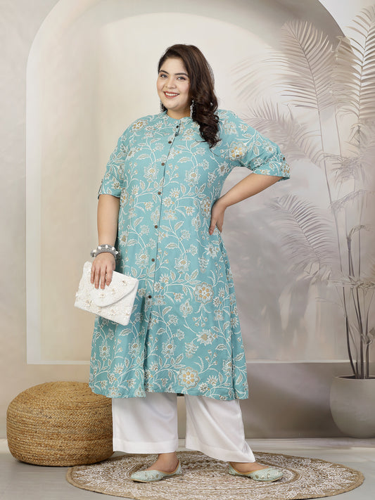 Stylum Plus Size Women Floral Print Rayon A-Line Kurta (FIONAAQUAPLUS)