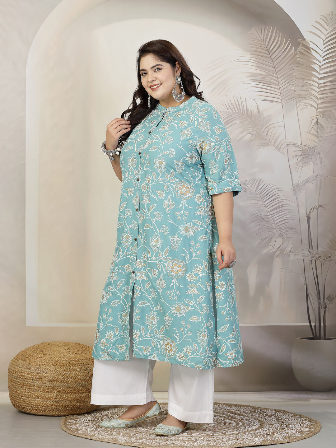 Stylum Plus Size Women Floral Print Rayon A-Line Kurta (FIONAAQUAPLUS)