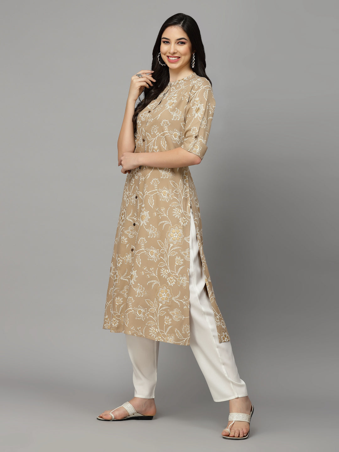 Stylum Women's Floral Print Rayon A-Line Kurta (FIONABEIGE)