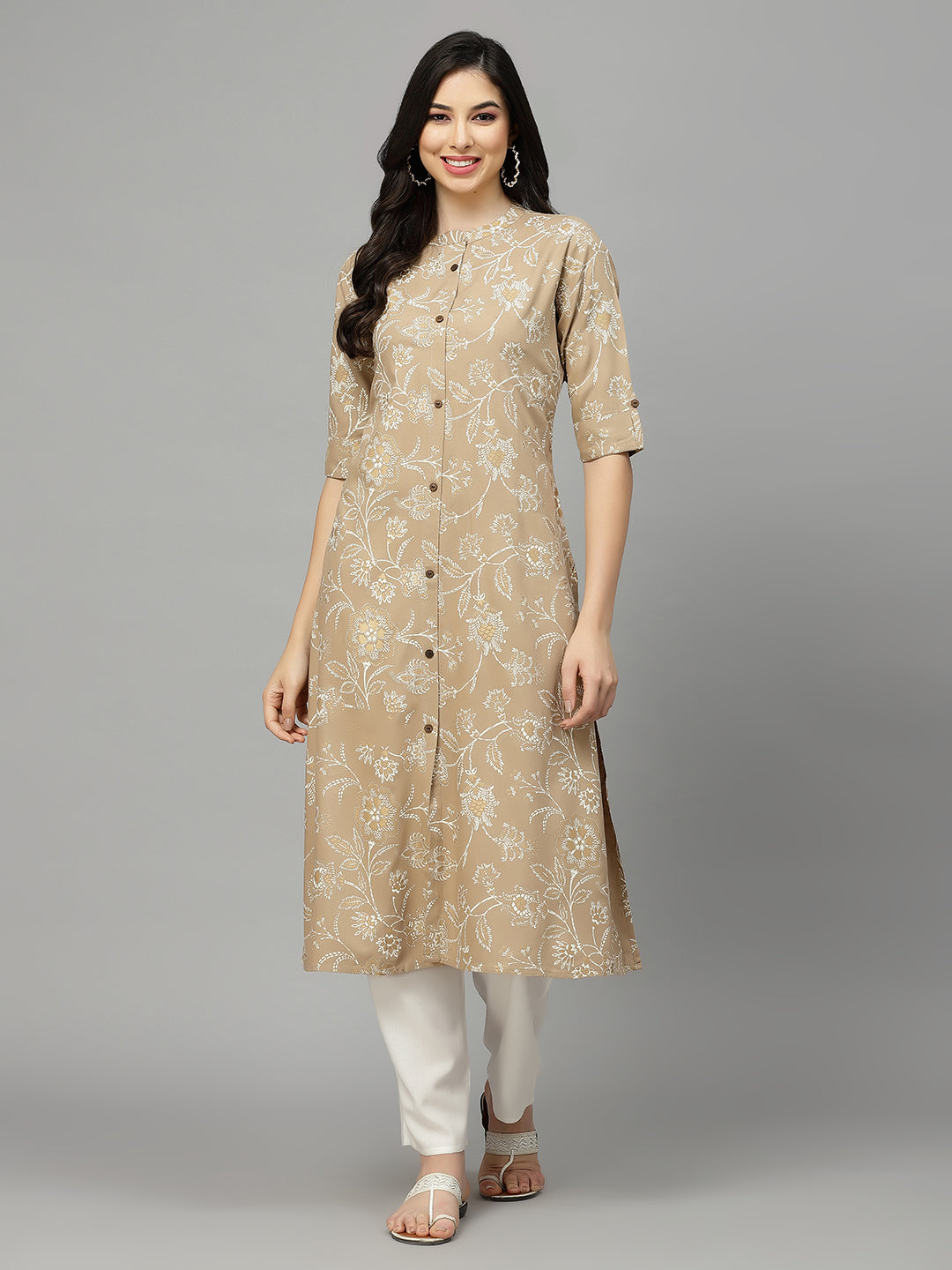 Stylum Women's Floral Print Rayon A-Line Kurta (FIONABEIGE)