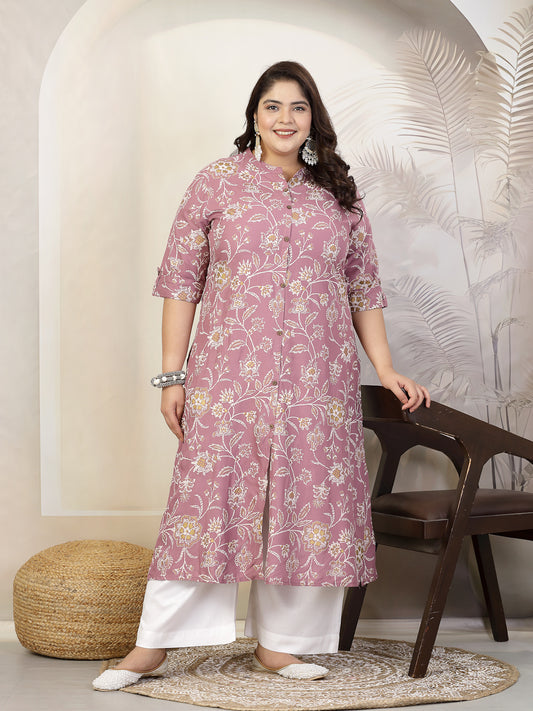 Stylum Plus Size Women Floral Print Rayon A-Line Kurta (FIONAMAUVEPLUS)