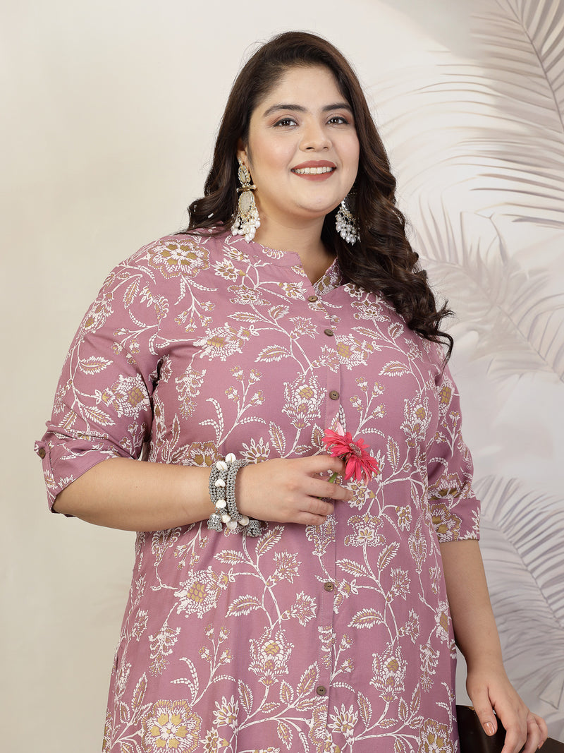 Stylum Plus Size Women Floral Print Rayon A-Line Kurta (FIONAMAUVEPLUS)
