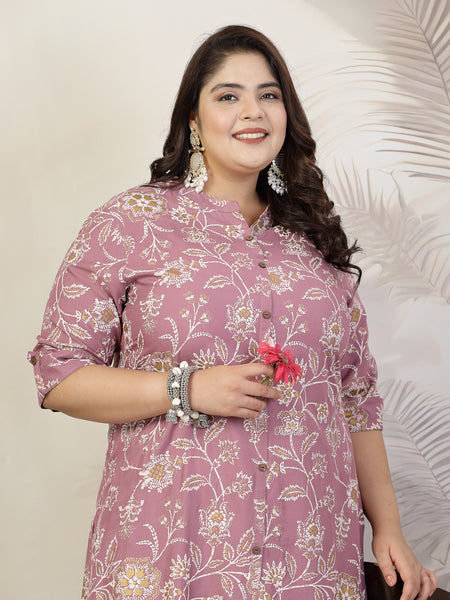 Stylum Plus Size Women Floral Print Rayon A-Line Kurta (FIONAMAUVEPLUS)