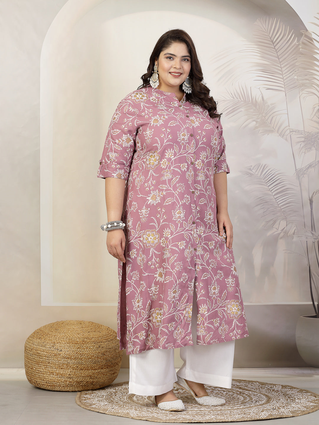 Stylum Plus Size Women Floral Print Rayon A-Line Kurta (FIONAMAUVEPLUS)