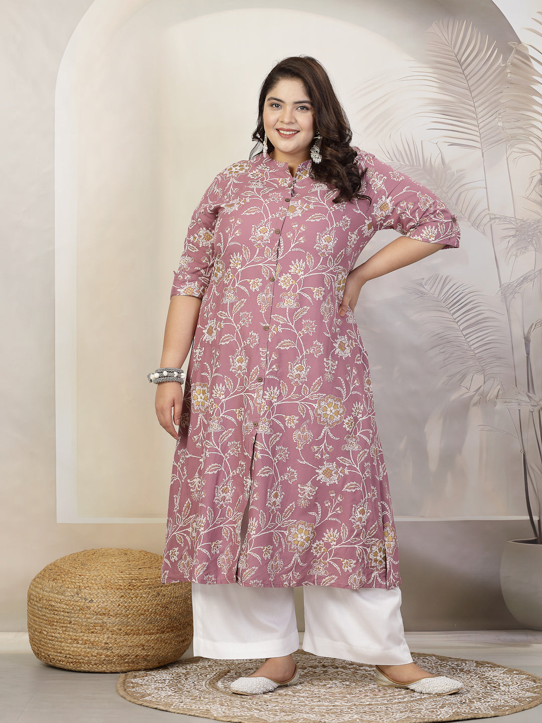 Stylum Plus Size Women Floral Print Rayon A-Line Kurta (FIONAMAUVEPLUS)