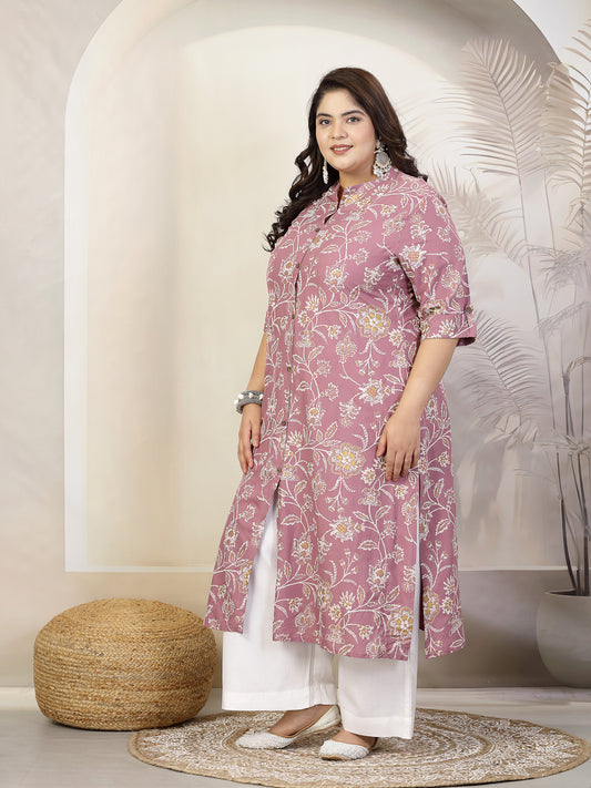 Stylum Plus Size Women Floral Print Rayon A-Line Kurta (FIONAMAUVEPLUS)