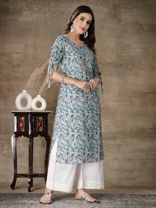 Stylum Women's Floral Printed Cotton Blend Straight Kurta (GILLYGREY)