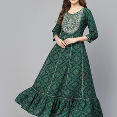 Stylum Women's Bandhani Printed & Embroidered Rayon Anarkali Kurta (GREENAMBER)