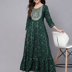 Stylum Women's Bandhani Printed & Embroidered Rayon Anarkali Kurta (GREENAMBER)