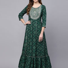 Stylum Women's Bandhani Printed & Embroidered Rayon Anarkali Kurta (GREENAMBER)
