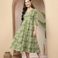 Stylum Women's Green Floral Printed Cotton Flared Dress (DRSGREENBOURBON)