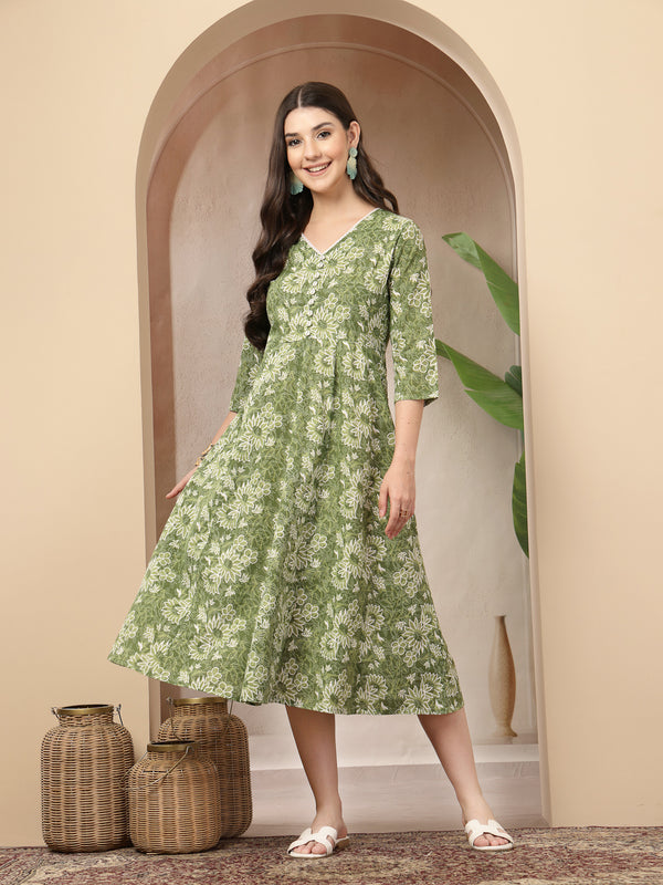 Stylum Women's Green Floral Printed Cotton Flared Dress (DRSGREENBOURBON)