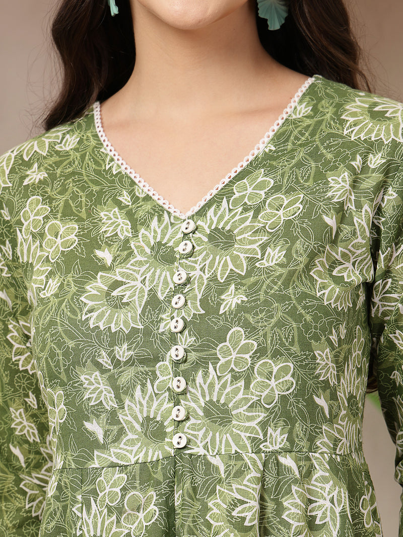 Stylum Women's Green Floral Printed Cotton Flared Dress (DRSGREENBOURBON)