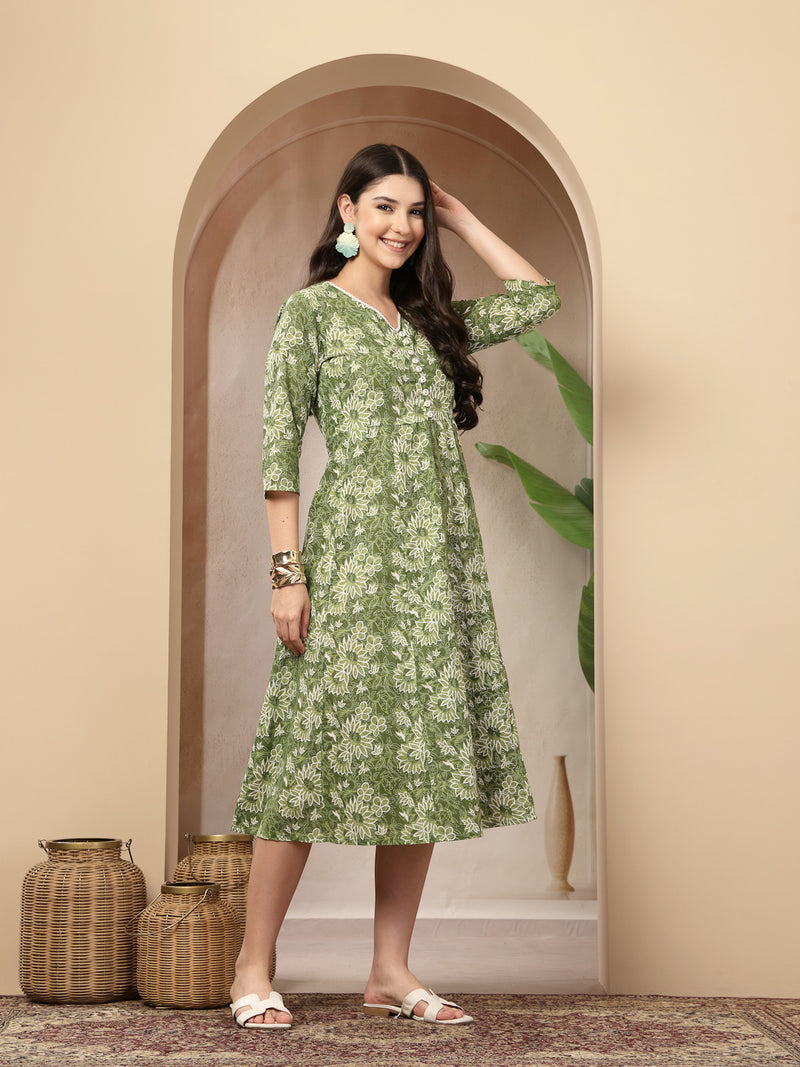 Stylum Women's Green Floral Printed Cotton Flared Dress (DRSGREENBOURBON)