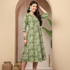 Stylum Women's Green Floral Printed Cotton Flared Dress (DRSGREENBOURBON)