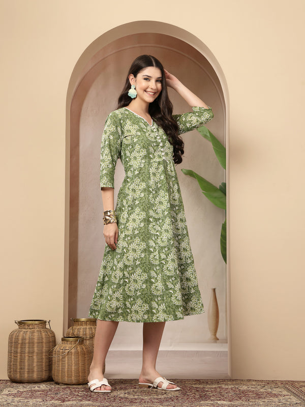 Stylum Women's Green Floral Printed Cotton Flared Dress (DRSGREENBOURBON)