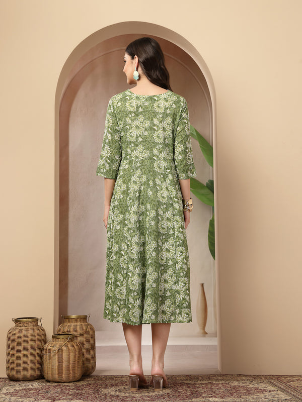 Stylum Women's Green Floral Printed Cotton Flared Dress (DRSGREENBOURBON)
