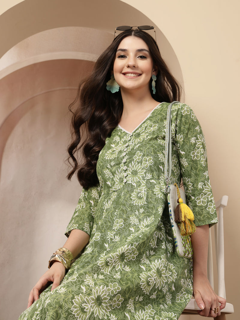 Stylum Women's Green Floral Printed Cotton Flared Dress (DRSGREENBOURBON)