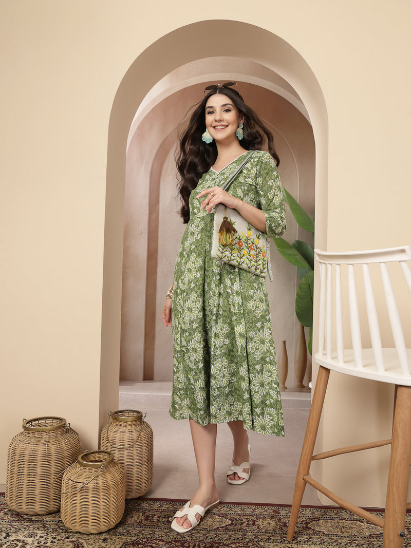 Stylum Women's Green Floral Printed Cotton Flared Dress (DRSGREENBOURBON)