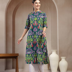 Stylum Women's Green Ikkat Printed Cotton A-Line Kurta (GREENFIN)