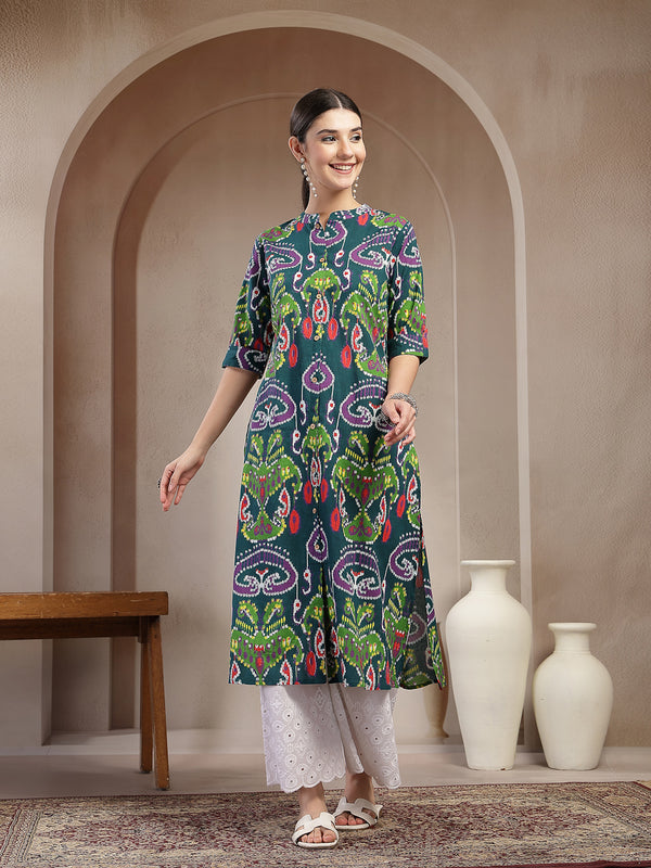 Stylum Women's Green Ikkat Printed Cotton A-Line Kurta (GREENFIN)