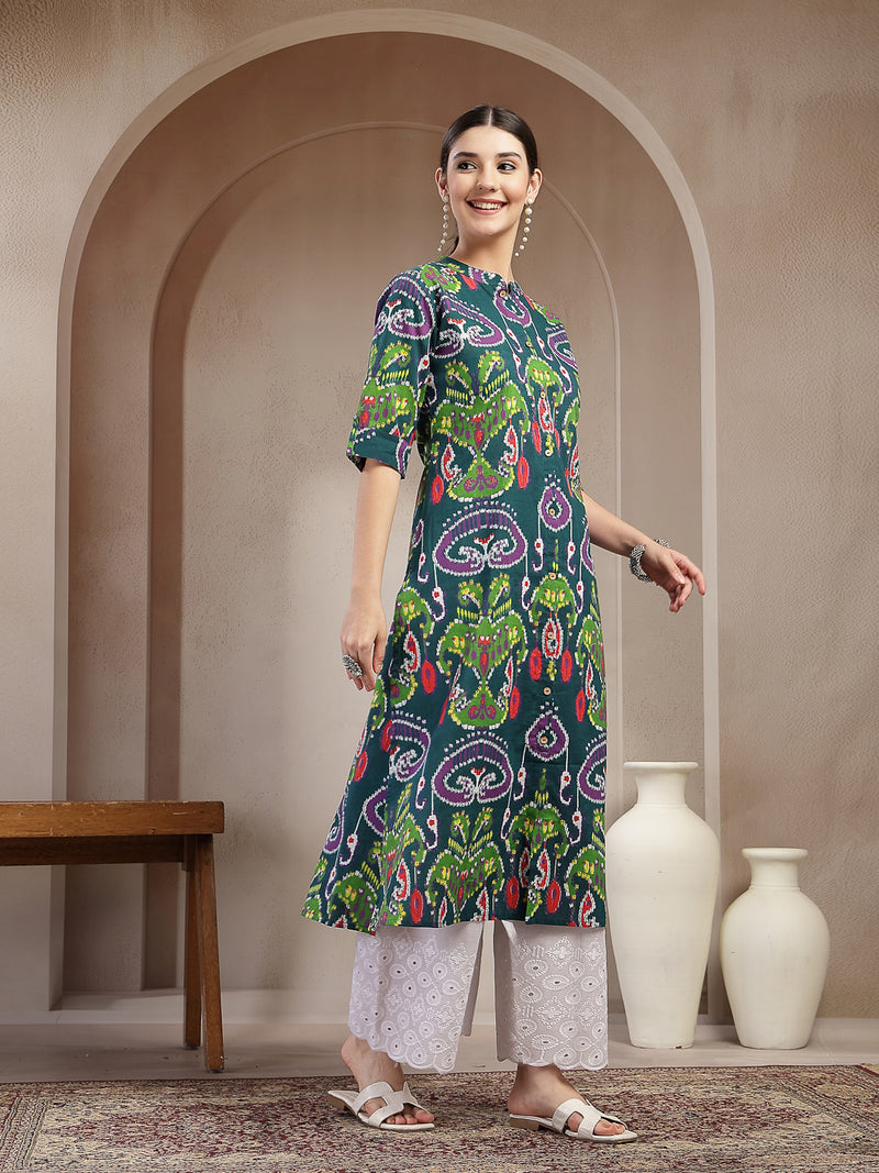 Stylum Women's Green Ikkat Printed Cotton A-Line Kurta (GREENFIN)