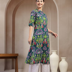 Stylum Women's Green Ikkat Printed Cotton A-Line Kurta (GREENFIN)