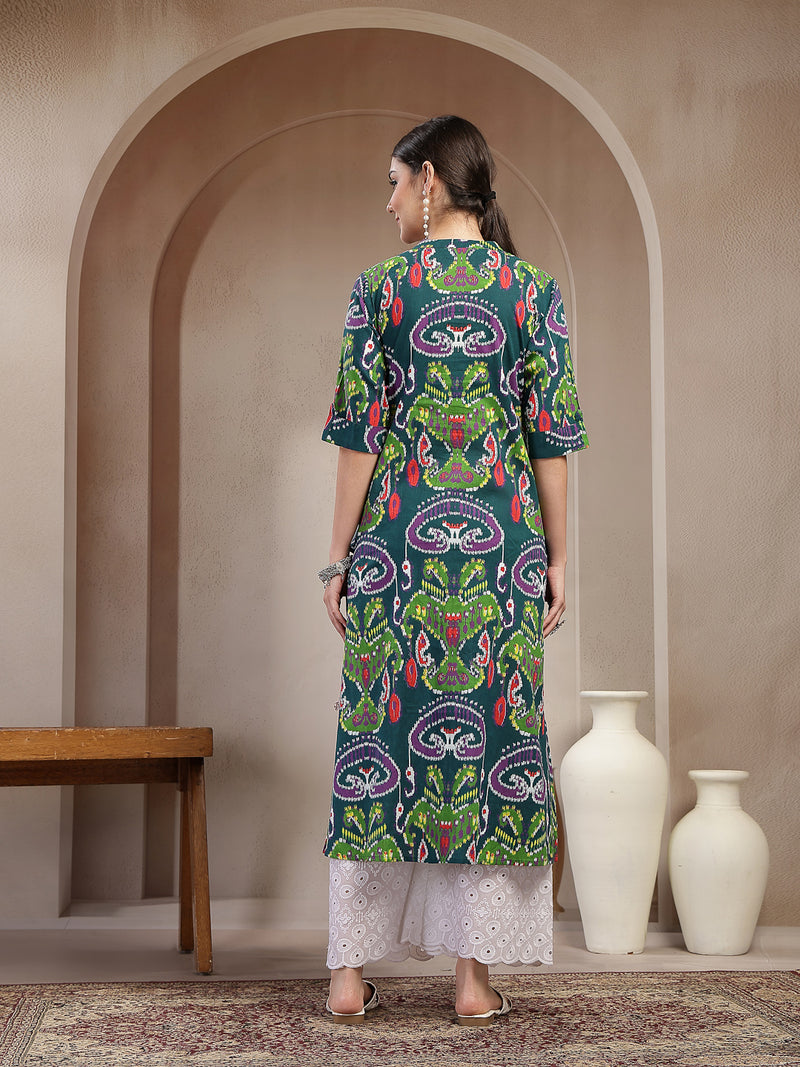 Stylum Women's Green Ikkat Printed Cotton A-Line Kurta (GREENFIN)