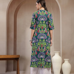 Stylum Women's Green Ikkat Printed Cotton A-Line Kurta (GREENFIN)