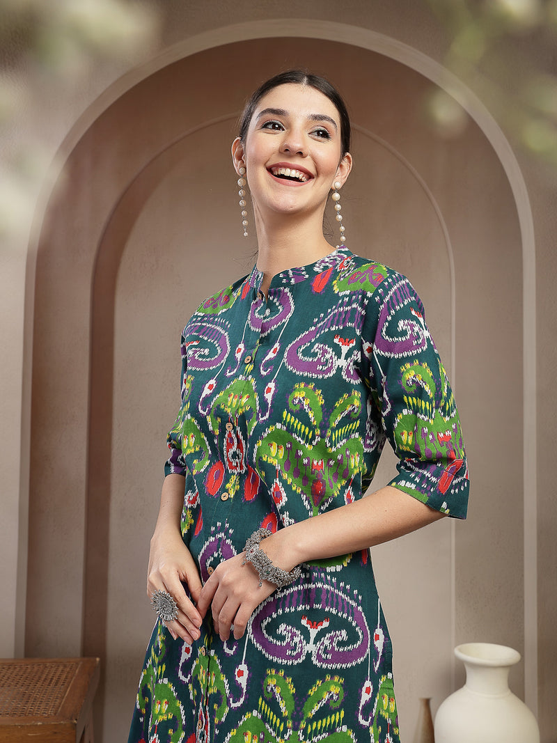 Stylum Women's Green Ikkat Printed Cotton A-Line Kurta (GREENFIN)