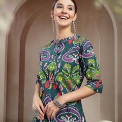 Stylum Women's Green Ikkat Printed Cotton A-Line Kurta (GREENFIN)