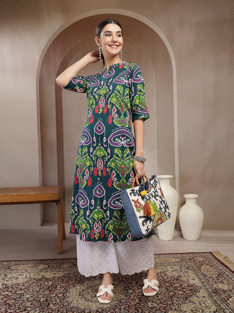 Stylum Women's Green Ikkat Printed Cotton A-Line Kurta (GREENFIN)