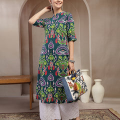 Stylum Women's Green Ikkat Printed Cotton A-Line Kurta (GREENFIN)