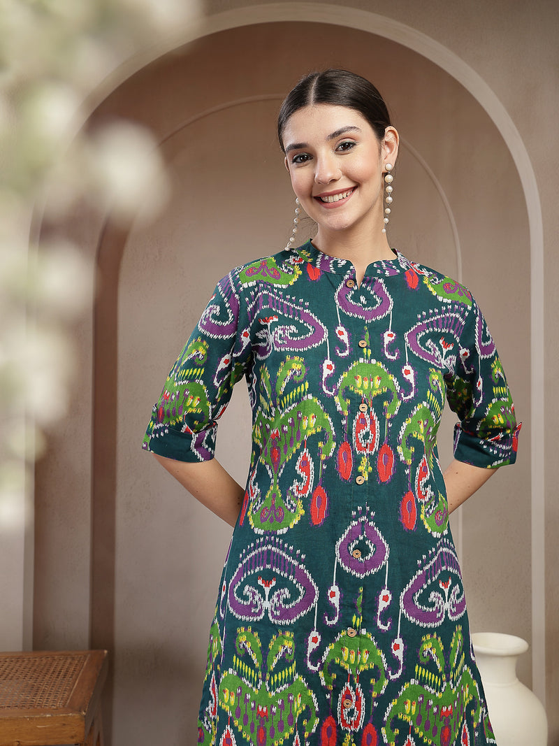 Stylum Women's Green Ikkat Printed Cotton A-Line Kurta (GREENFIN)